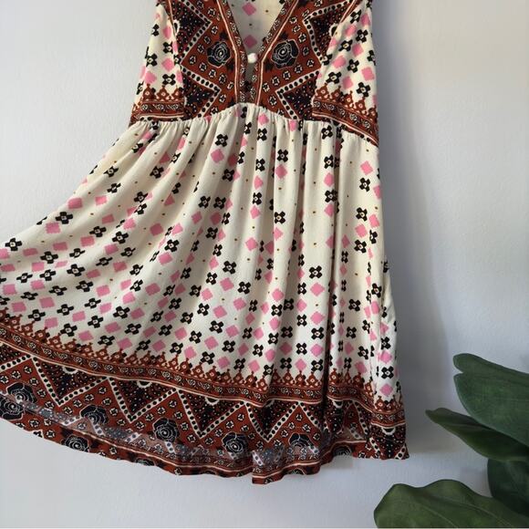 Free People Charlotte Tunic Top Tribal Print Boho Bohemian Collared Button Neck - Picture 5 of 9